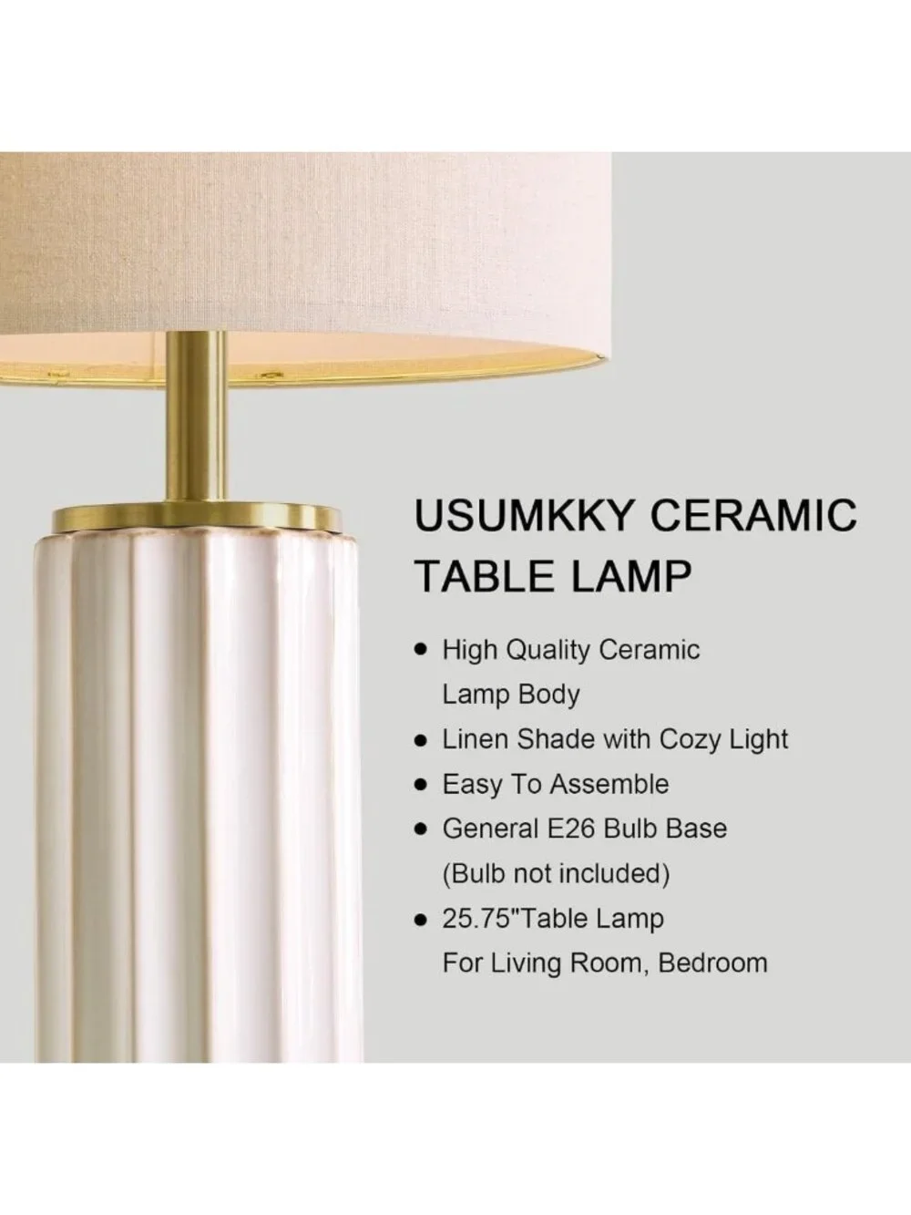 Set of 2 Off-White Mid Century Modern Ceramic Table Lamps, Linen Shade & Gold